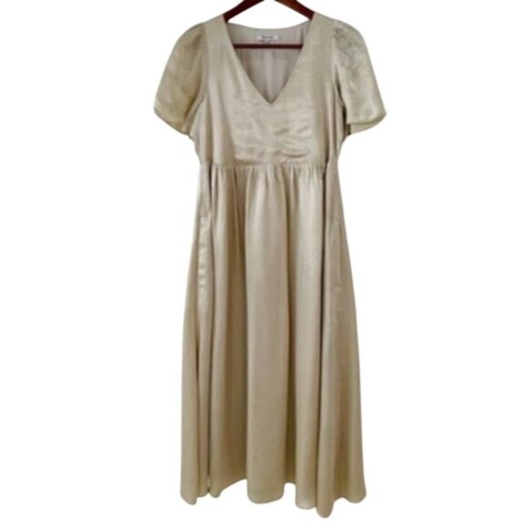 Madewell Puff-Sleeve V-Neck Midi Dress in Shiny Gold Satin ND148 XL X-Large - Picture 1 of 5